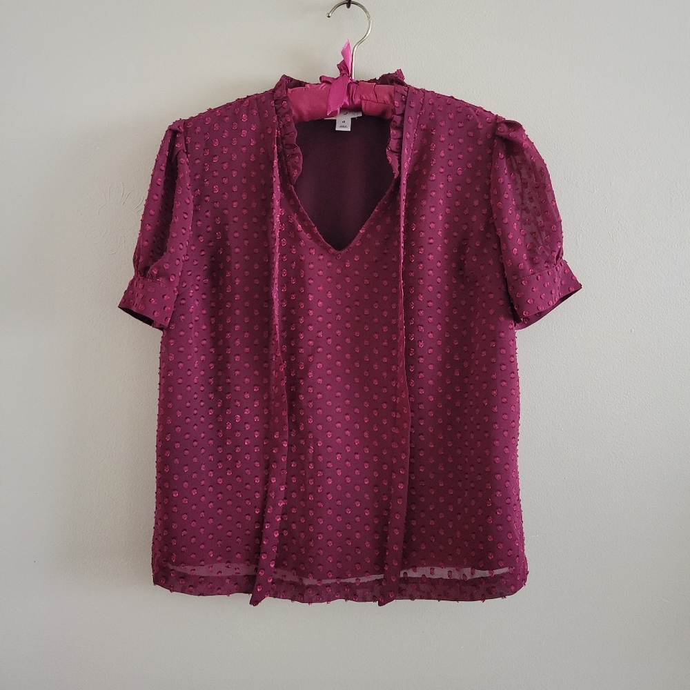 Maison Jules | Wine Front Tie Clip Dot Blouse Maroon Red NWOT X-small
